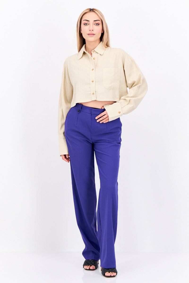 NIA Women Spread Collar Long Sleeve Plain Top, Beige - Image 4
